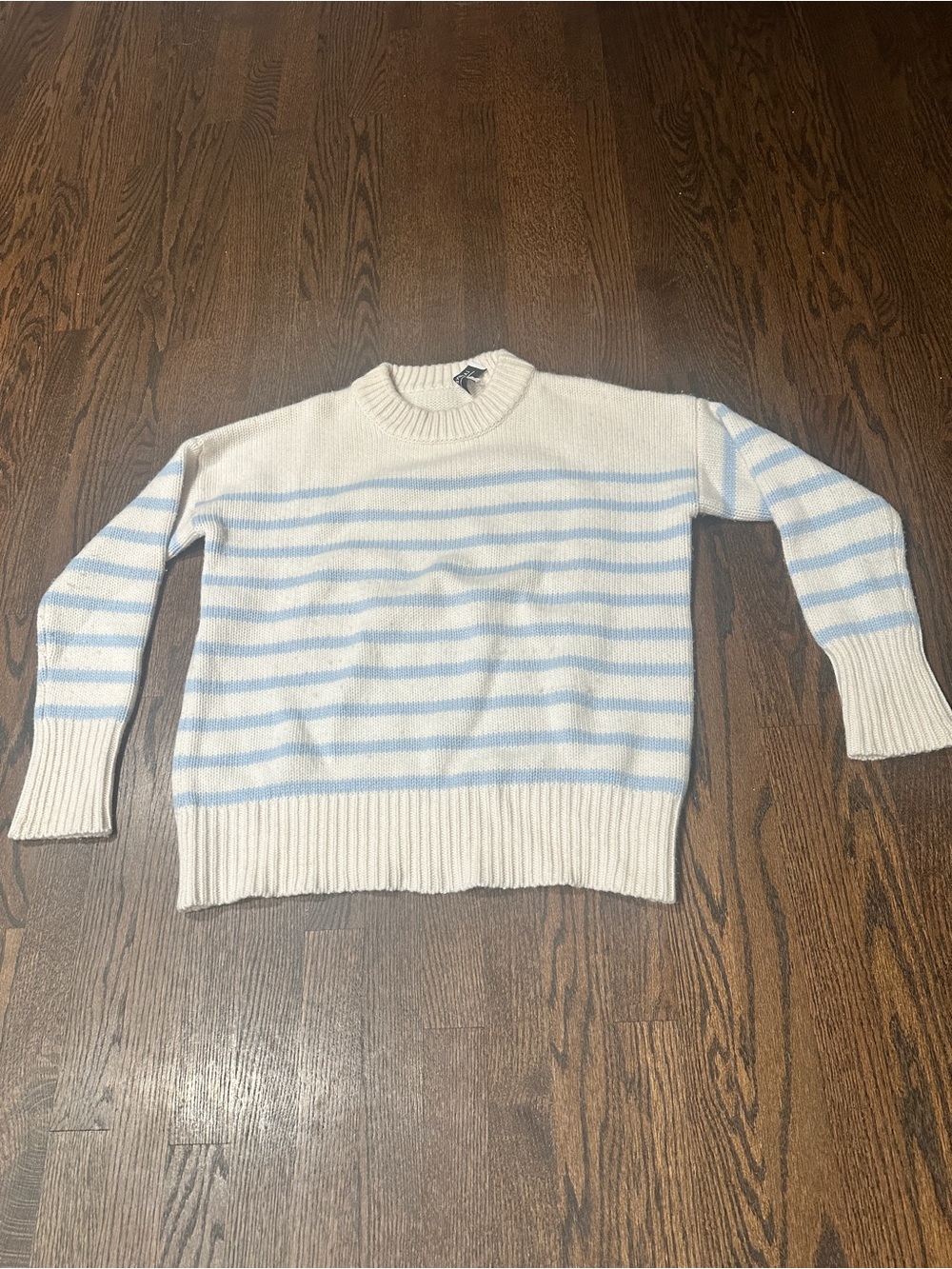 La Ligne Cream and Light Blue Striped Crewneck Wool and Cashmere Sweater